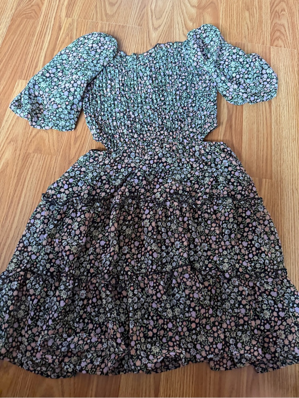 a.n.a Black Floral Smocked Dress with Pink and Green Print